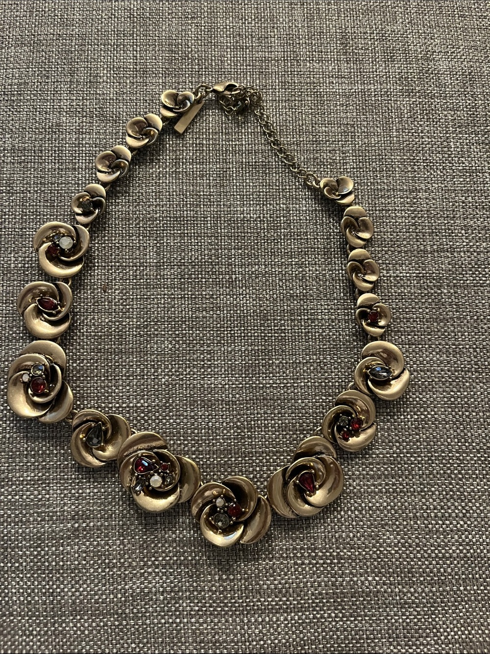 Gold-Tone Floral Statement Necklace with Red and Clear Accents